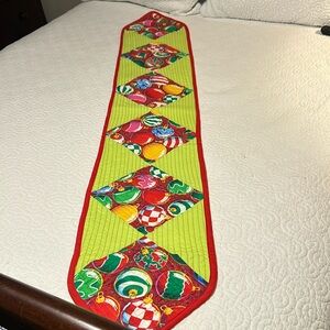 Christmas Table Runner Handcrafted, lime green back, red border, ornament fabric